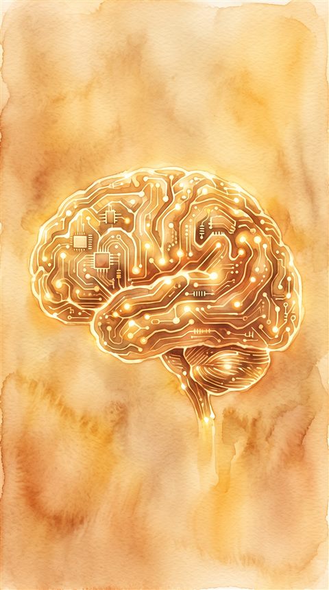 Watercolor illustration of glowing AI brain made of circuits, centered subject with a simple uncluttered composition, warm golden light, calm mood, 9:16 aspect ratio