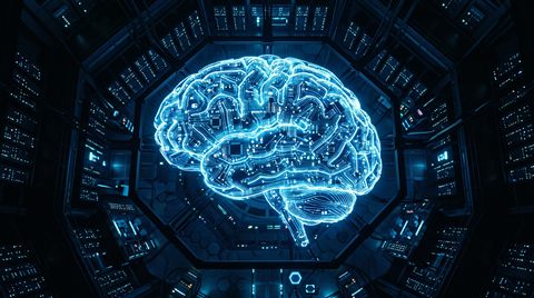 Cinematic film still of glowing AI brain made of circuits, high-angle view from above, cool blue tones, quiet atmosphere, 16:9 aspect ratio