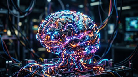 Cinematic film still of glowing AI brain made of circuits, close-up detail with shallow depth of field, vivid colors, high contrast, energetic, 16:9 aspect ratio