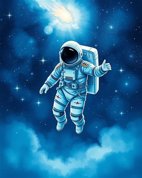 Watercolor illustration of A detailed astronaut suit floating in deep space with glowing stars and a nebula, wide shot with open space at the top for text, cool blue tones, quiet atmosphere, 4:5 aspect ratio
