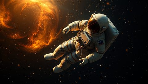 Photorealistic photo of A detailed astronaut suit floating in deep space with glowing stars and a nebula, high-angle view from above, warm golden light, calm mood, 16:9 aspect ratio