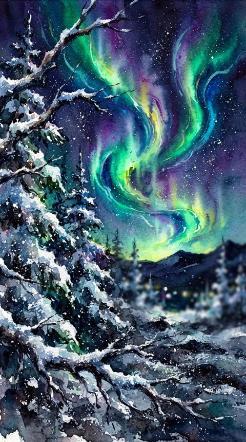 Watercolor illustration of aurora borealis over a snowy landscape, close-up detail with shallow depth of field, vivid colors, high contrast, energetic, 9:16 aspect ratio
