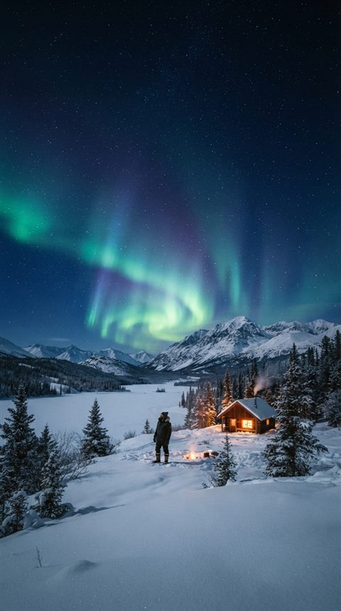Cinematic film still of aurora borealis over a snowy landscape, wide shot with open space at the top for text, warm golden light, calm mood, 9:16 aspect ratio
