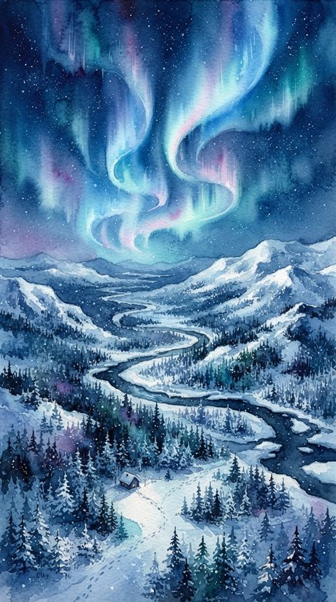Watercolor illustration of aurora borealis over a snowy landscape, high-angle view from above, cool blue tones, quiet atmosphere, 9:16 aspect ratio
