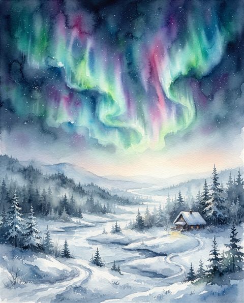 Watercolor illustration of aurora borealis over a snowy landscape, wide shot with open space at the top for text, misty morning haze, dreamy, 4:5 aspect ratio