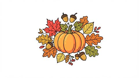 Simple line art with soft colors on a plain white background of autumn leaves, acorns and pumpkins, isolated single subject, centered, vivid colors, high contrast, energetic, 16:9 aspect ratio