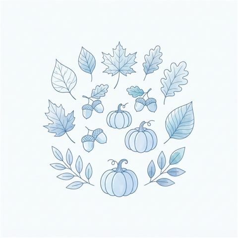 Simple line art with soft colors on a plain white background of autumn leaves, acorns and pumpkins, simple icon-like composition, cool blue tones, quiet atmosphere, 1:1 aspect ratio