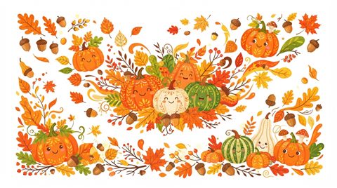 Flat vector illustration on a plain white background of autumn leaves, acorns and pumpkins, cheerful scene with gentle details, vivid colors, high contrast, energetic, 16:9 aspect ratio