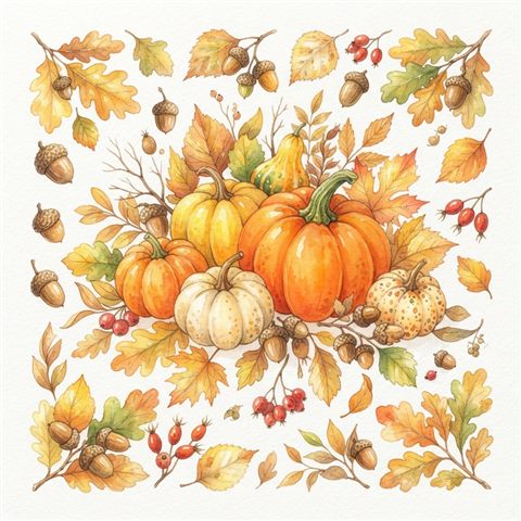 Watercolor illustration on a plain white background of autumn leaves, acorns and pumpkins, cheerful scene with gentle details, warm golden light, calm mood, 1:1 aspect ratio