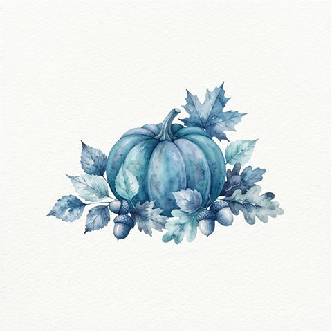 Watercolor illustration on a plain white background of autumn leaves, acorns and pumpkins, isolated single subject, centered, cool blue tones, quiet atmosphere, 1:1 aspect ratio