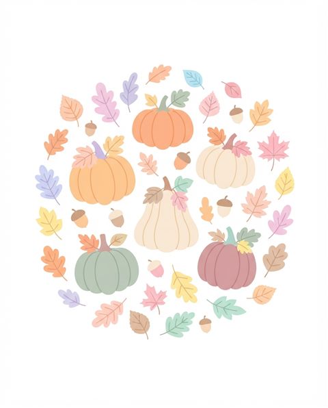 Flat vector illustration on a plain white background of autumn leaves, acorns and pumpkins, simple icon-like composition, soft pastel colors, bright and cozy, 4:5 aspect ratio