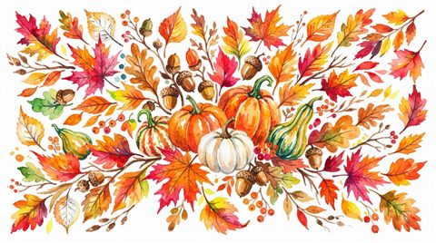 Watercolor illustration on a plain white background of autumn leaves, acorns and pumpkins, simple icon-like composition, vivid colors, high contrast, energetic, 16:9 aspect ratio
