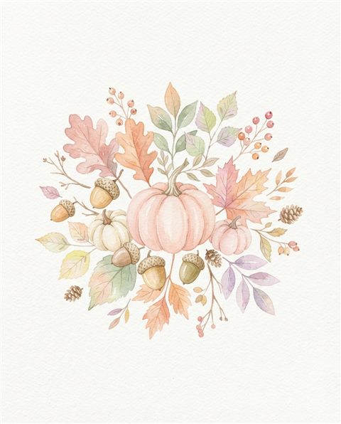 Watercolor illustration on a plain white background of autumn leaves, acorns and pumpkins, small set of several items arranged neatly, soft pastel colors, bright and cozy, 4:5 aspect ratio