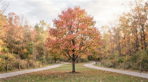 Photorealistic photo of autumn trees with red and orange leaves, centered subject with a simple uncluttered composition, soft pastel colors, bright and cozy, 16:9 aspect ratio