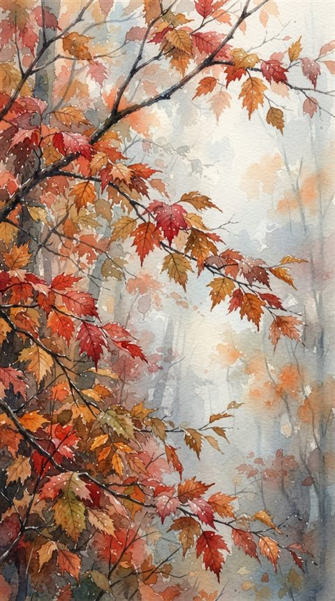Watercolor illustration of autumn trees with red and orange leaves, close-up detail with shallow depth of field, misty morning haze, dreamy, 9:16 aspect ratio