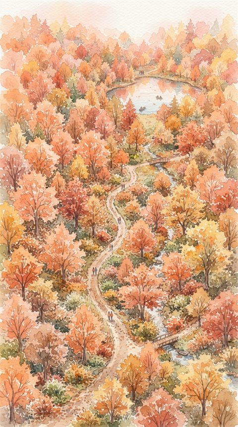 Watercolor illustration of autumn trees with red and orange leaves, high-angle view from above, soft pastel colors, bright and cozy, 9:16 aspect ratio