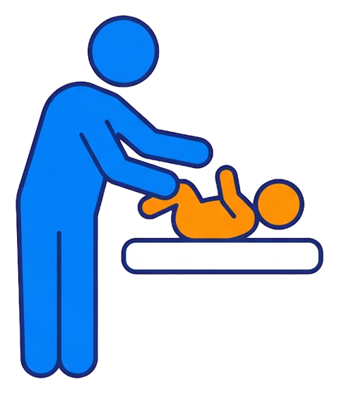 Flat color pictogram, friendly bright colors of a baby changing room pictogram with a parent and a baby, transparent background PNG