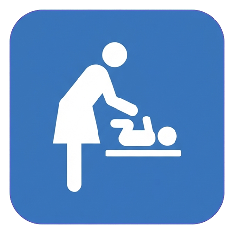 Pictogram sign, white figure on a solid blue rounded square of a baby changing room pictogram with a parent and a baby, transparent background PNG