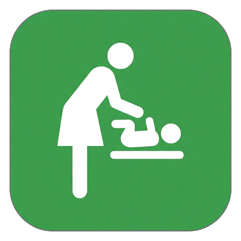 Pictogram sign, white figure on a solid green rounded square of a baby changing room pictogram with a parent and a baby, transparent background PNG