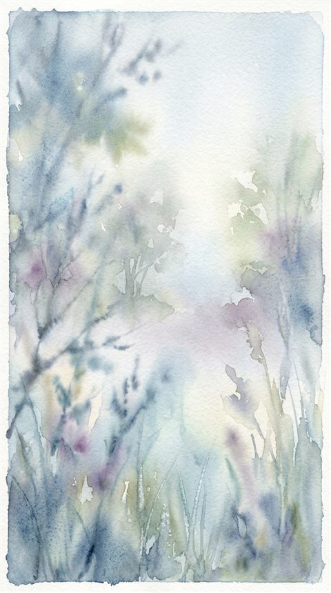 Watercolor illustration of soft abstract background, close-up detail with shallow depth of field, misty morning haze, dreamy, 9:16 aspect ratio