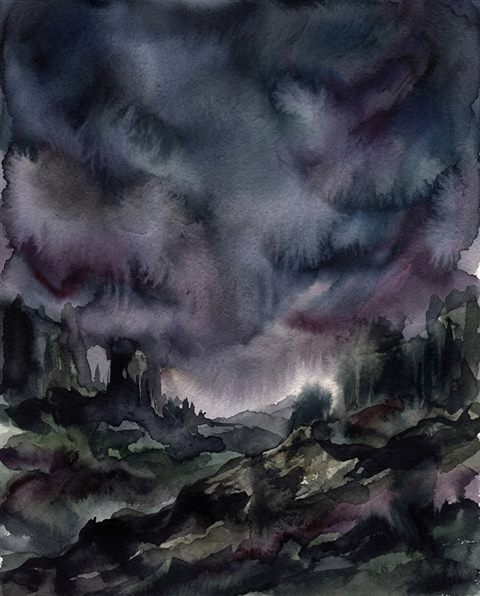 Watercolor illustration of soft abstract background, wide shot with open space at the top for text, moody dark tones, dramatic lighting, 4:5 aspect ratio
