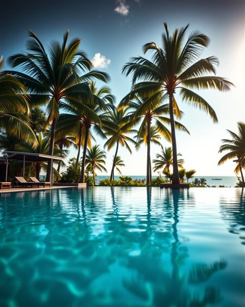 Photorealistic photo of A tranquil tropical resort swimming pool overlooking lush green palm trees and a sunny sky, close-up detail with shallow depth of field, moody dark tones, dramatic lighting, 4:5 aspect ratio