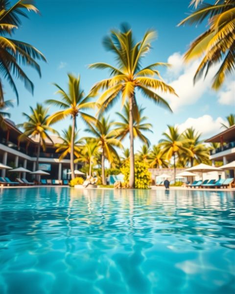 Cinematic film still of A tranquil tropical resort swimming pool overlooking lush green palm trees and a sunny sky, close-up detail with shallow depth of field, vivid colors, high contrast, energetic, 4:5 aspect ratio