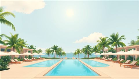 Minimal flat illustration of A tranquil tropical resort swimming pool overlooking lush green palm trees and a sunny sky, wide shot with open space at the top for text, soft pastel colors, bright and cozy, 16:9 aspect ratio