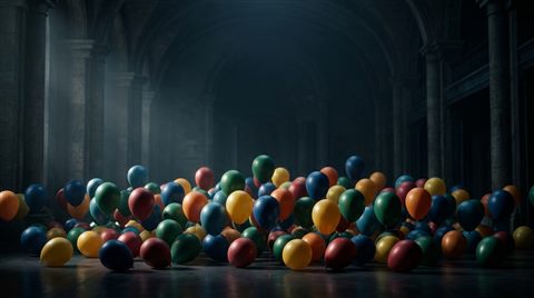 Soft 3d render of colorful balloons, wide shot with open space at the top for text, moody dark tones, dramatic lighting, 16:9 aspect ratio