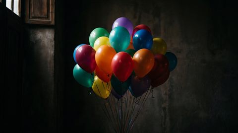 알록달록한 풍선, 사실적인 사진, 단순하고 깔끔한 구도 가운데 놓인 피사체, 어두운 톤, 극적인 조명, 16:9 비율