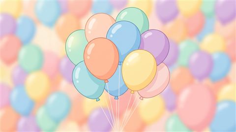 Minimal flat illustration of colorful balloons, close-up detail with shallow depth of field, soft pastel colors, bright and cozy, 16:9 aspect ratio