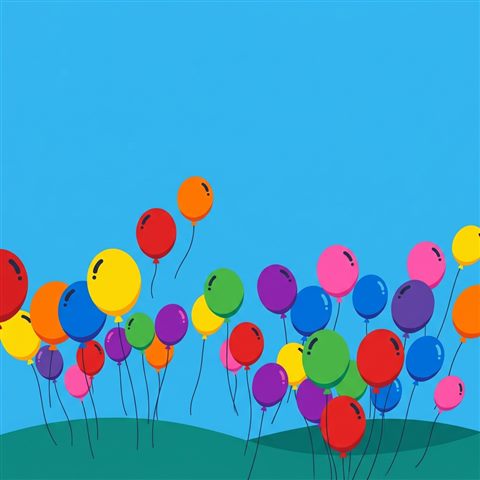 Minimal flat illustration of colorful balloons, wide shot with open space at the top for text, vivid colors, high contrast, energetic, 1:1 aspect ratio