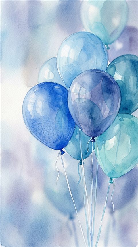 Watercolor illustration of colorful balloons, close-up detail with shallow depth of field, cool blue tones, quiet atmosphere, 9:16 aspect ratio