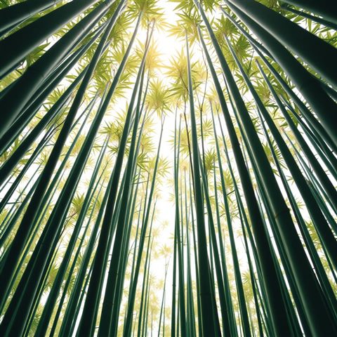 Minimal flat illustration of Tall, straight green bamboo stalks reaching upward, creating a peaceful and natural canopy with filtered sunlight., close-up detail with shallow depth of field, soft pastel colors, bright and cozy, 1:1 aspect ratio