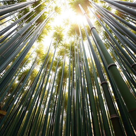Photorealistic photo of Tall, straight green bamboo stalks reaching upward, creating a peaceful and natural canopy with filtered sunlight., close-up detail with shallow depth of field, warm golden light, calm mood, 1:1 aspect ratio