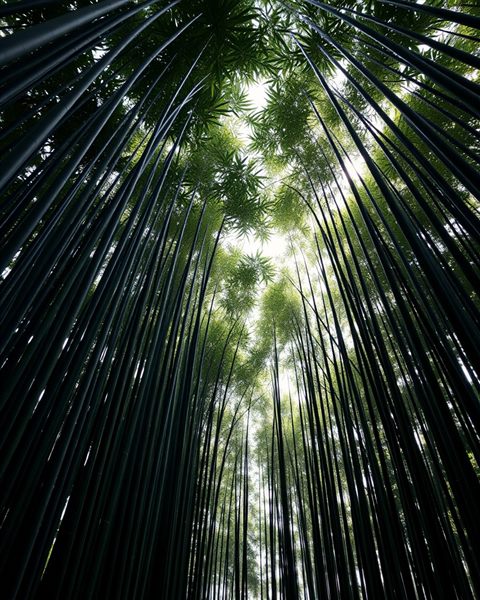 Photorealistic photo of Tall, straight green bamboo stalks reaching upward, creating a peaceful and natural canopy with filtered sunlight., wide shot with open space at the top for text, moody dark tones, dramatic lighting, 4:5 aspect ratio