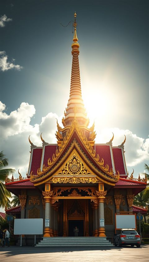 Photorealistic photo of An ornate traditional temple golden roof spire gleaming under a bright tropical afternoon sky., wide shot with open space at the top for text, moody dark tones, dramatic lighting, 9:16 aspect ratio
