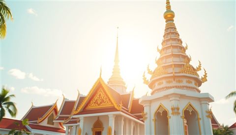 Minimal flat illustration of An ornate traditional temple golden roof spire gleaming under a bright tropical afternoon sky., close-up detail with shallow depth of field, soft pastel colors, bright and cozy, 16:9 aspect ratio