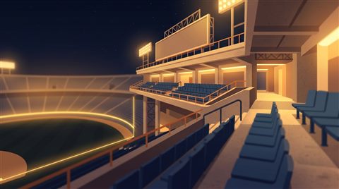 밤의 야구장, 미니멀 플랫 일러스트, 가까이 담은 디테일, 얕은 심도, 따뜻한 황금빛, 차분한 분위기, 16:9 비율