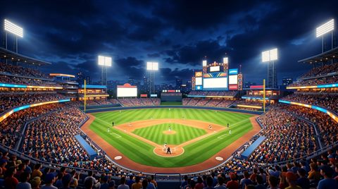 Soft 3d render of a baseball stadium at night, wide shot with open space at the top for text, vivid colors, high contrast, energetic, 16:9 aspect ratio