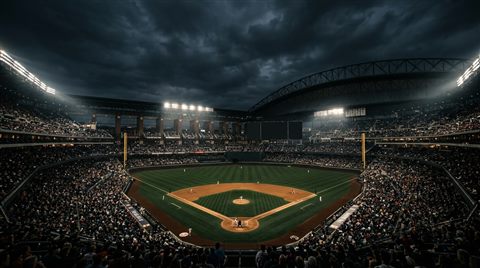 Photorealistic photo of a baseball stadium at night, wide shot with open space at the top for text, moody dark tones, dramatic lighting, 16:9 aspect ratio