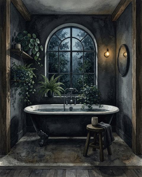 Watercolor illustration of a minimal bathroom with plants, centered subject with a simple uncluttered composition, moody dark tones, dramatic lighting, 4:5 aspect ratio