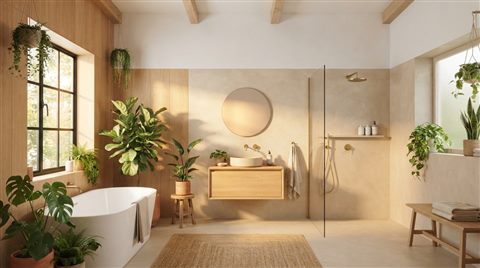 Photorealistic photo of a minimal bathroom with plants, wide shot with open space at the top for text, warm golden light, calm mood, 16:9 aspect ratio