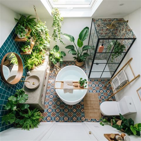Photorealistic photo of a minimal bathroom with plants, high-angle view from above, vivid colors, high contrast, energetic, 1:1 aspect ratio