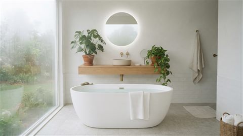Photorealistic photo of a minimal bathroom with plants, centered subject with a simple uncluttered composition, misty morning haze, dreamy, 16:9 aspect ratio