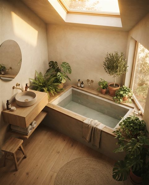 Cinematic film still of a minimal bathroom with plants, high-angle view from above, warm golden light, calm mood, 4:5 aspect ratio