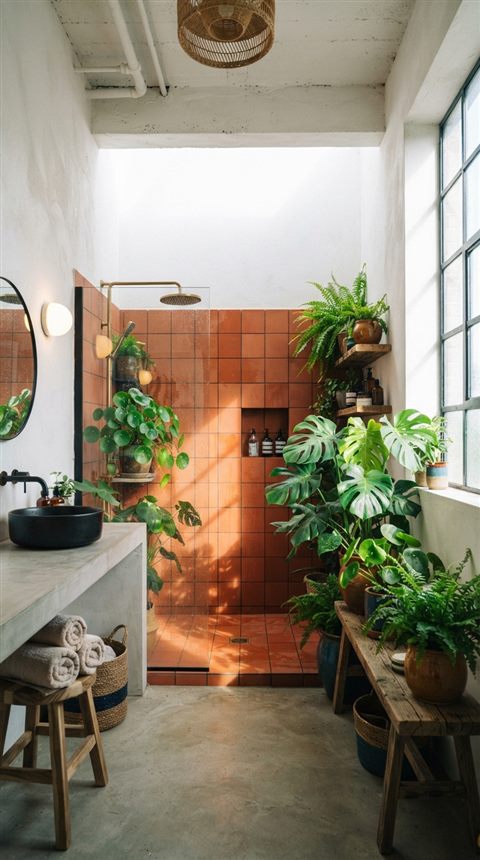 Cinematic film still of a minimal bathroom with plants, wide shot with open space at the top for text, vivid colors, high contrast, energetic, 9:16 aspect ratio