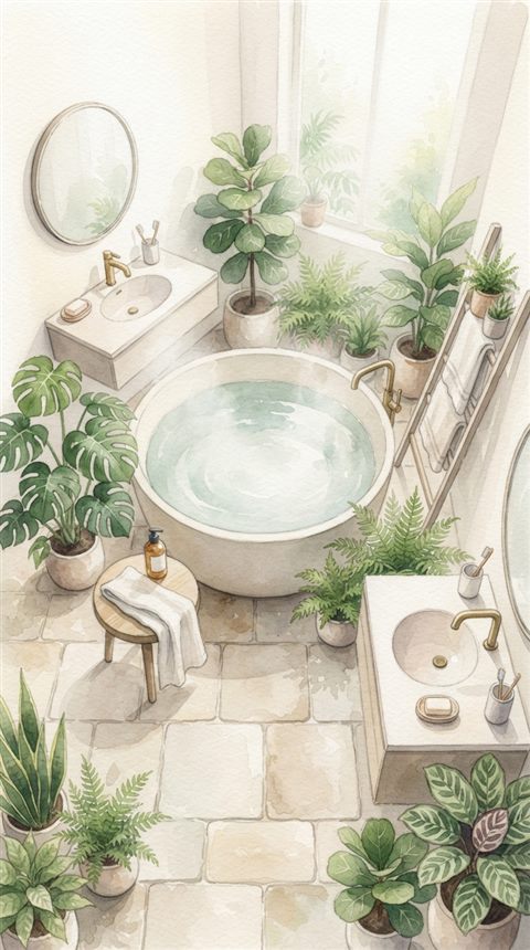 Watercolor illustration of a minimal bathroom with plants, high-angle view from above, misty morning haze, dreamy, 9:16 aspect ratio