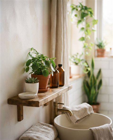 Cinematic film still of a minimal bathroom with plants, close-up detail with shallow depth of field, soft pastel colors, bright and cozy, 4:5 aspect ratio