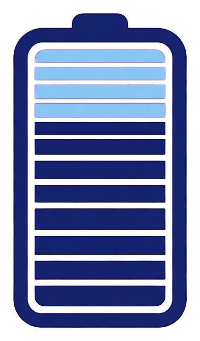 Duotone icon, navy blue and light blue of a battery level icon, transparent background PNG